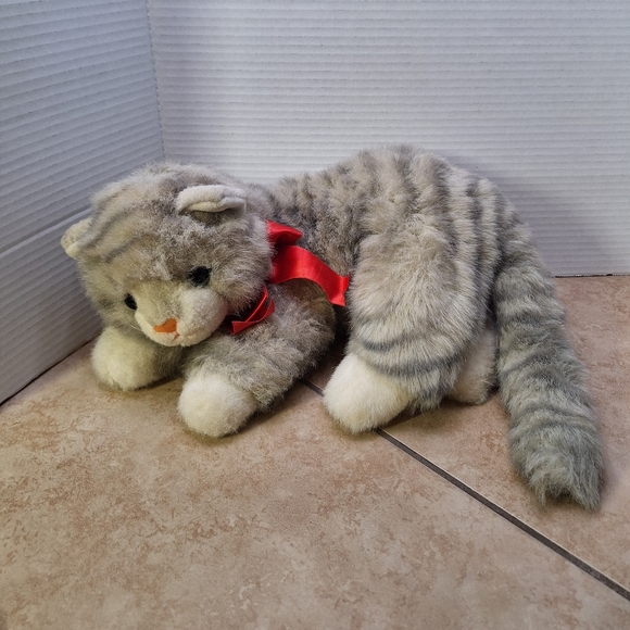 Ty Other - Ty Beanie Buddies Al E. Cat Striped Gray Tabby Cat Plush 13" Red Bow 1995